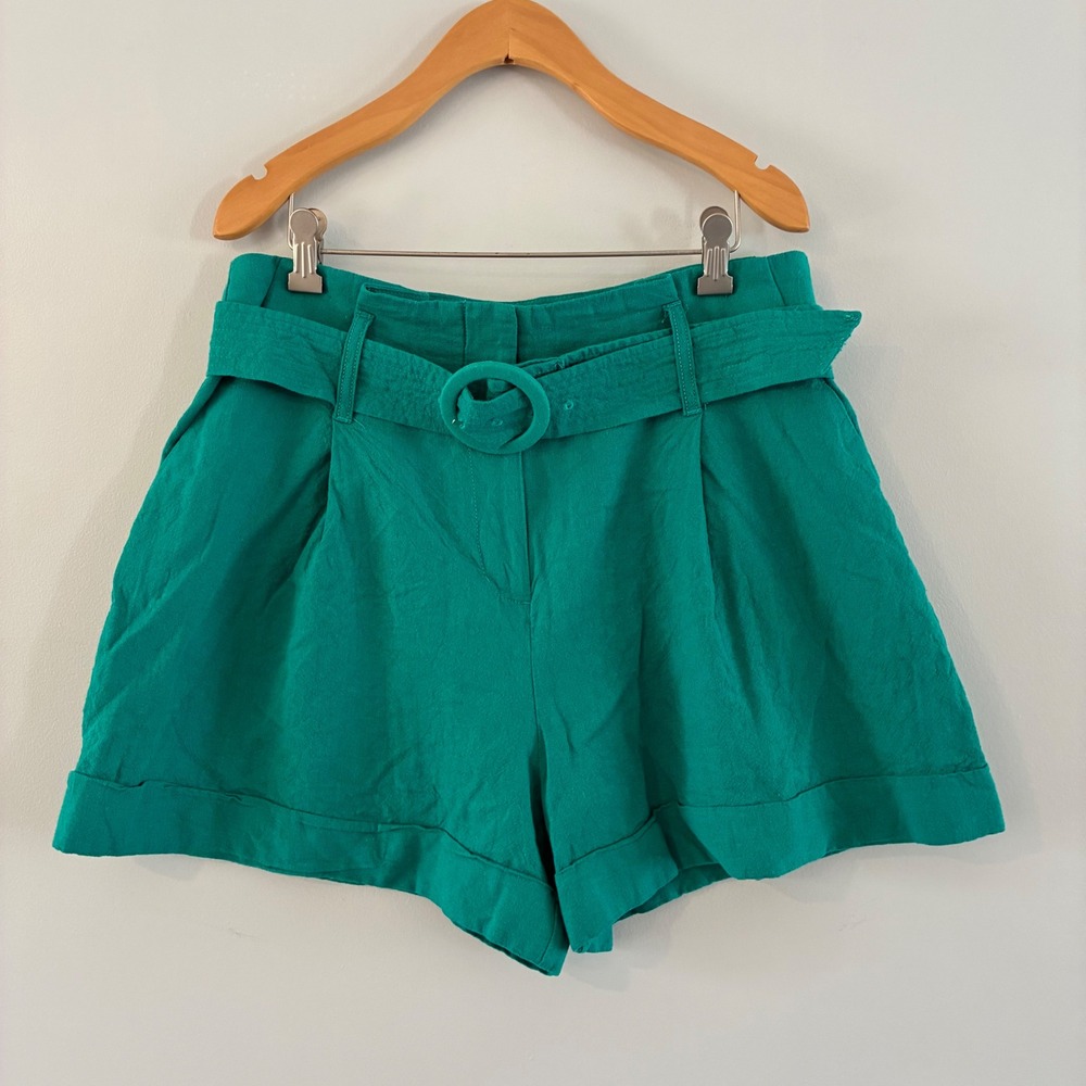 Worthington Shorts Wom 10 Teal Green Belted Linen Blend High Rise Pleated Cuffed